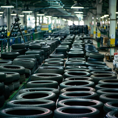 Fototapeta premium Check Out Masses of Rubber Tires in a Production Line Area: The Backbone of Modern Mobility