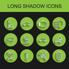 Set line Chassis car, Wrench, Car seat, Traffic light, service, search and icon. Vector