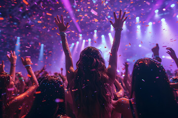 Excited Crowd Dances Under Vibrant Purple Lights at a Lively Nightclub