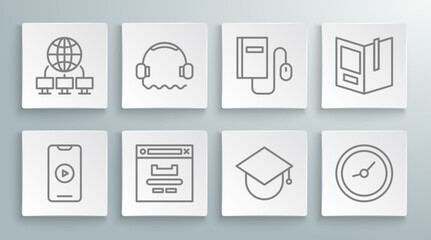 Set line Online play video, Headphones, Browser window, Graduation cap globe, Clock, Electronic book with mouse, Open and Computer network icon. Vector