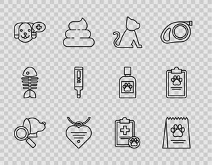Set line Veterinary clinic symbol, Bag of food for dog, Cat, Collar with name tag and heart, Medical digital thermometer, Clipboard medical clinical record pet and icon. Vector