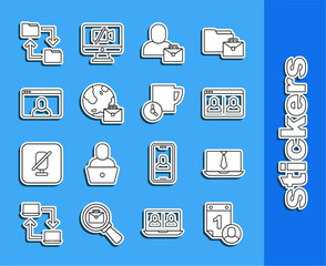 Set line Time management, Video chat conference, Freelancer, Online working, Cloud storage document folder and icon. Vector