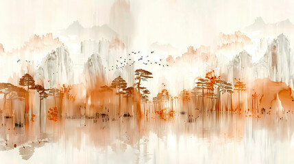 Asian Landscape Watercolor illustration: landscape with mountains and lake