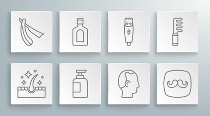 Set line Oil for hair care treatment, Bottle of shampoo, Baldness, Barbershop, Hair clipper, Hairbrush and Straight razor icon. Vector