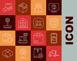 Set line Forklift truck, Mobile app delivery tracking, Delivery security with shield, Cargo ship boxes, Warehouse, Scale, hand and This side up icon. Vector