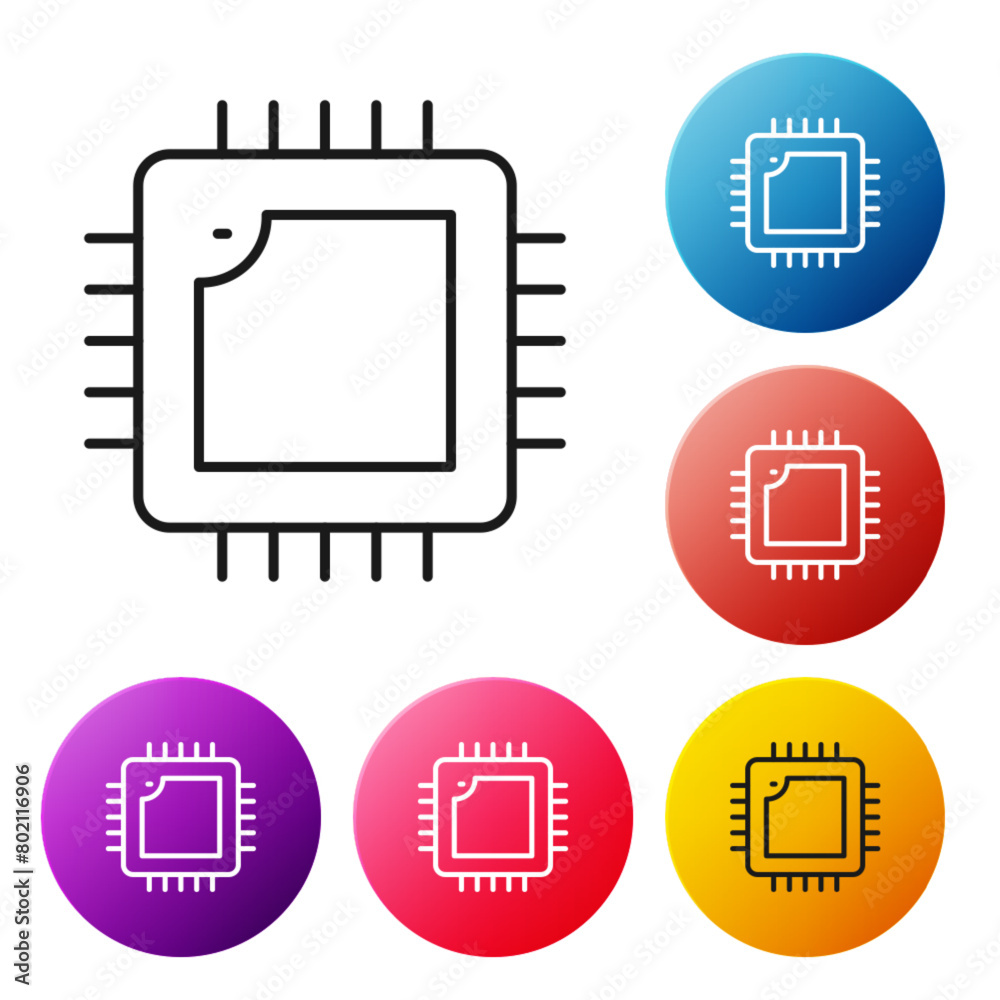 Poster black line computer processor with microcircuits cpu icon isolated on white background. chip or cpu 