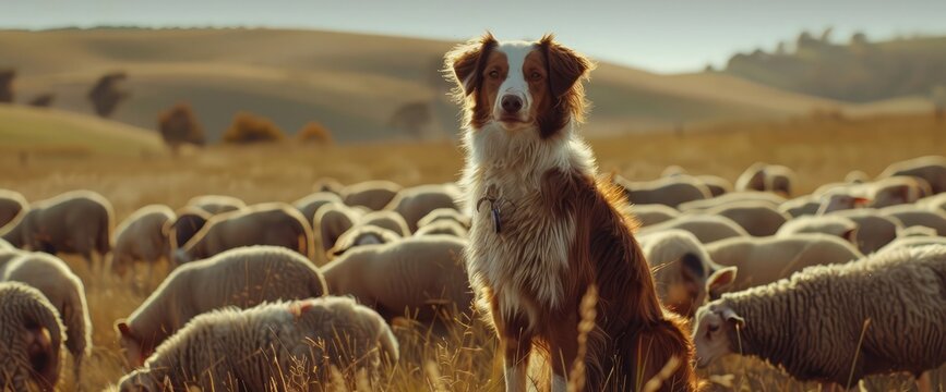 australian shepherd dog and sheep on a farm - dog is grazing - herding the sheep