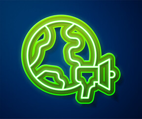 Glowing neon line World news icon isolated on blue background. Breaking news, world news tv. Vector