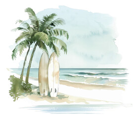 Surfboards Lean Against Tropical Palm