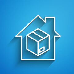White line Home delivery services icon isolated on blue background. Long shadow. Vector