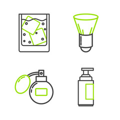 Set line Cream or lotion cosmetic tube, Aftershave, Shaving brush and Glass of whiskey and ice cubes icon. Vector