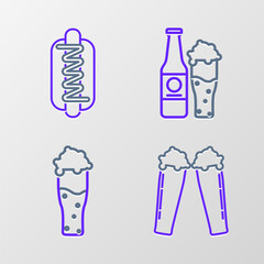 Set line Glass of beer, Beer bottle and glass and Hotdog sandwich with mustard icon. Vector