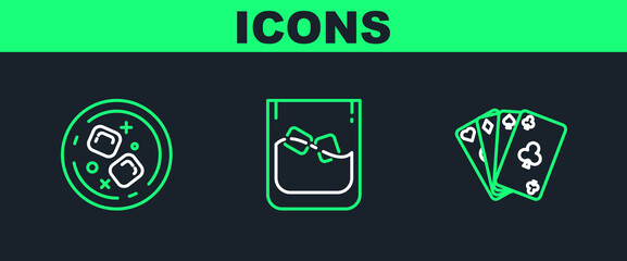 Set line Playing cards, Glass of whiskey and ice cubes and icon. Vector