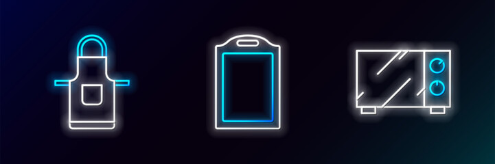 Set line Microwave oven, Kitchen apron and Cutting board icon. Glowing neon. Vector