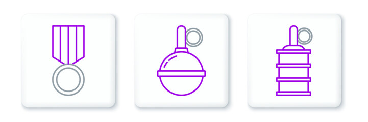 Set line Hand grenade, Military reward medal and icon. Vector