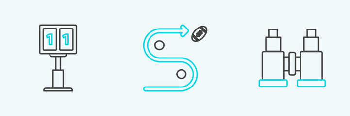 Set line Binoculars, Sport football mechanical scoreboard and result display and Planning strategy concept icon. Vector