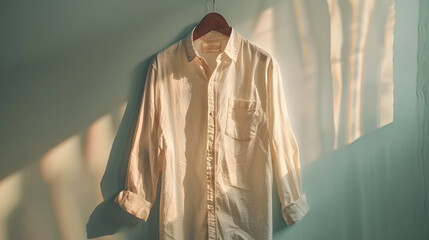 White shirt draped on wooden hanger against wall for formal wear