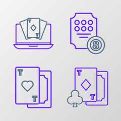 Set line Playing card with diamonds, heart, Online slot machine and poker table game icon. Vector