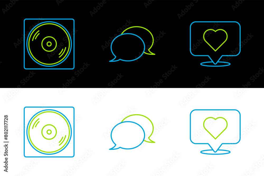 Wall mural set line like and heart, vinyl disk and speech bubble chat icon. vector