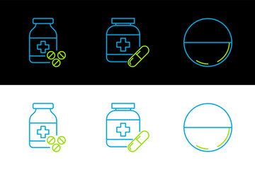 Set line Medicine pill or tablet, bottle and pills and icon. Vector