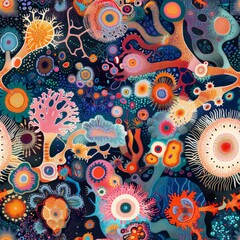 A seamless pattern wallpaper art of Envision a vibrant ecosystem teeming with life, where gene-edited organisms coexist in harmony