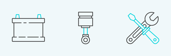 Set line Screwdriver and wrench tools, Car battery and Engine piston icon. Vector