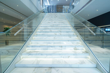 Fototapeta premium Luxe white marble staircase ascends with modern glass railings in a spacious home.