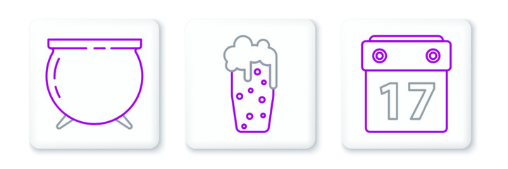 Set line Saint Patrick's day with calendar, Witch cauldron and Glass of beer icon. Vector