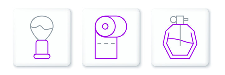 Set line Perfume, Shaving brush and Toilet paper roll icon. Vector