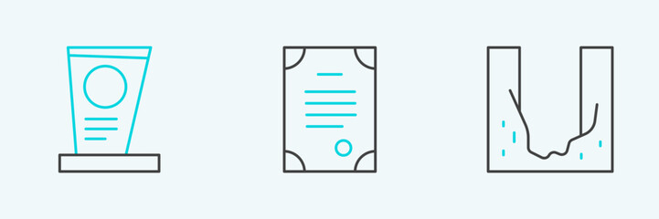 Set line Cemetery digged grave hole, Grave with tombstone and Death certificate icon. Vector