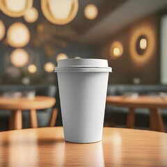 White realistic  mockup of paper cup with lid on blur background