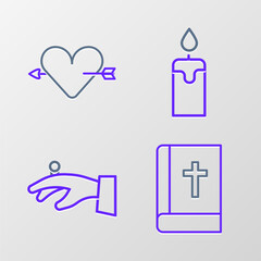 Set line Holy bible book, Wedding rings on hand, Burning candle and Amour with heart arrow icon. Vector