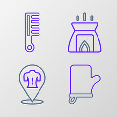 Set line Sauna mittens, Massage, Aroma candle and Hairbrush icon. Vector