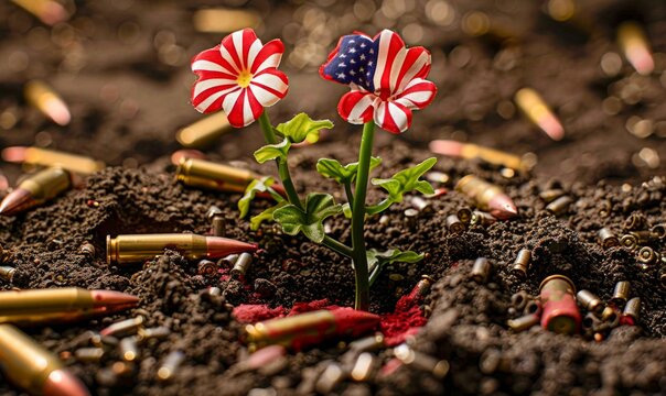 Symbolic Growth Among Bullets: Patriotic Flowers in Soil. Generative ai
