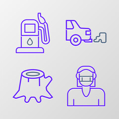 Set line Face in protective mask, Tree stump, Car exhaust and Petrol or gas station icon. Vector
