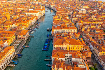 Venice Grand Canal and houses from drone, Venice island cityscape and Venice lagoon. Italy