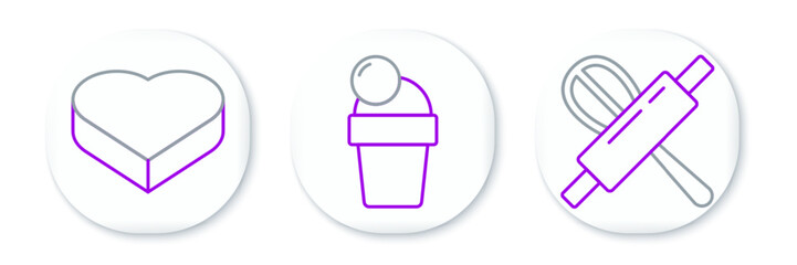 Set line Kitchen whisk and rolling pin, Candy heart shaped box and Ice cream icon. Vector