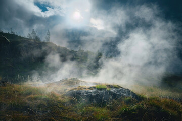 Steam rising from geothermal vents