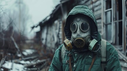 A man in green overalls and white helmet stands against the background of an abandoned house, wearing a gas mask on his head.