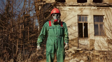 Individual wearing a gas mask and red helmet stands in front of an aging, dilapidated wooden house.