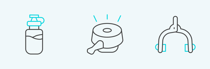 Set line Bicycle brake calipers, Sport bottle with water and bell icon. Vector