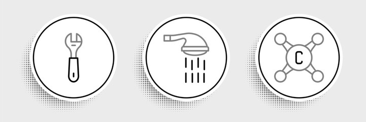 Set line Water tap, Wrench spanner and Shower icon. Vector