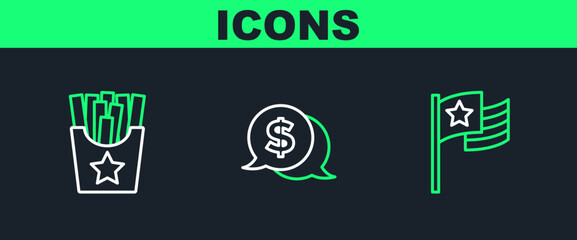 Set line American flag, Potatoes french fries in box and Coin money with dollar icon. Vector