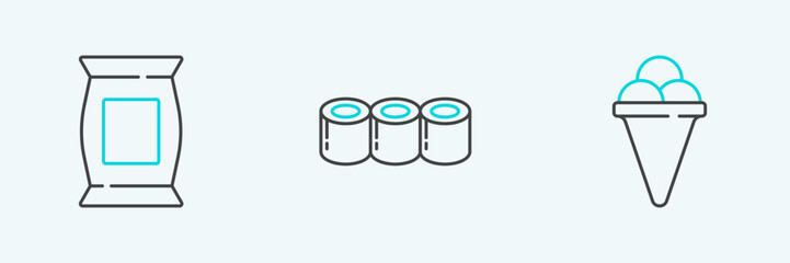 Set line Ice cream in waffle cone, Bag or packet potato chips and Sushi icon. Vector