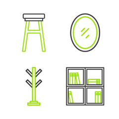 Set line Shelf with books, Coat stand, Mirror and Chair icon. Vector