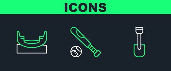 Set line Shovel toy, Boat swing and Baseball bat with ball icon. Vector