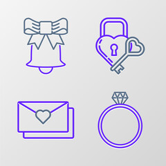 Set line Diamond engagement ring, Envelope with Valentine heart, Castle the shape of and key and Ringing bell icon. Vector