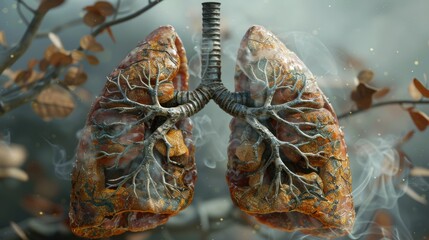 A detailed 3D rendering image providing an overview of the human respiratory system, highlighting the lungs, trachea, bronchi, and diaphragm - obrazy, fototapety, plakaty