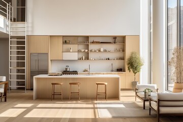 Fototapeta premium Light and Spacious Living Room with Kitchen