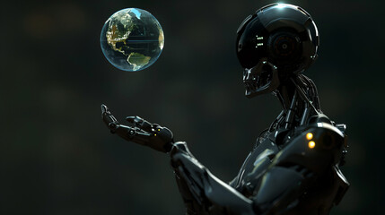 Naklejka premium Global Stewardship: A Vision of Tomorrow with AI Guiding Our World Through Holographic Technology